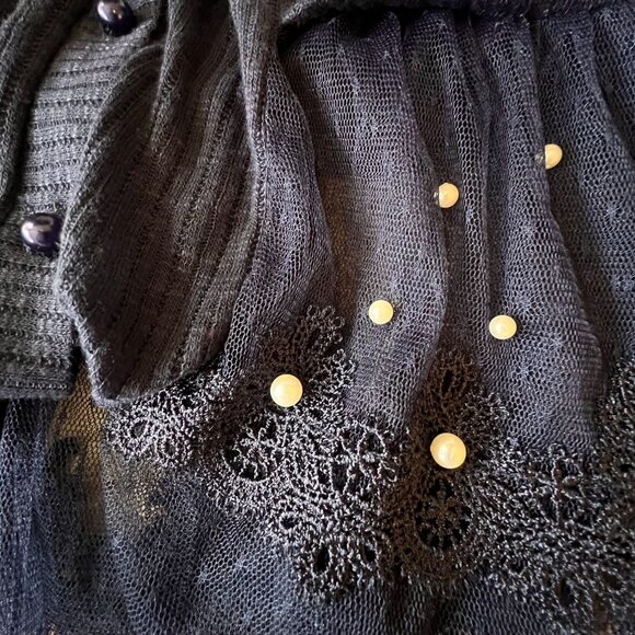 Forgotten Grace Cardigan Sheer Lace Hem Navy Blue Sweater Pearl Buttons Ribbed - Picture 4 of 15